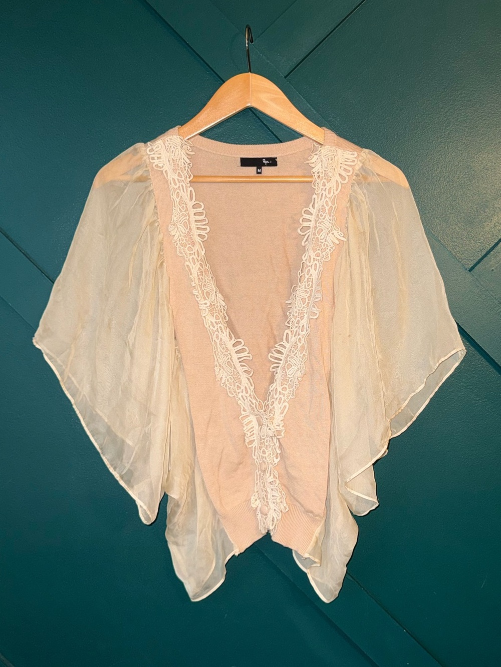Ryu Beige Shirt Lace Trim Boho-Chic, Romantic-Style Kaftan Size M